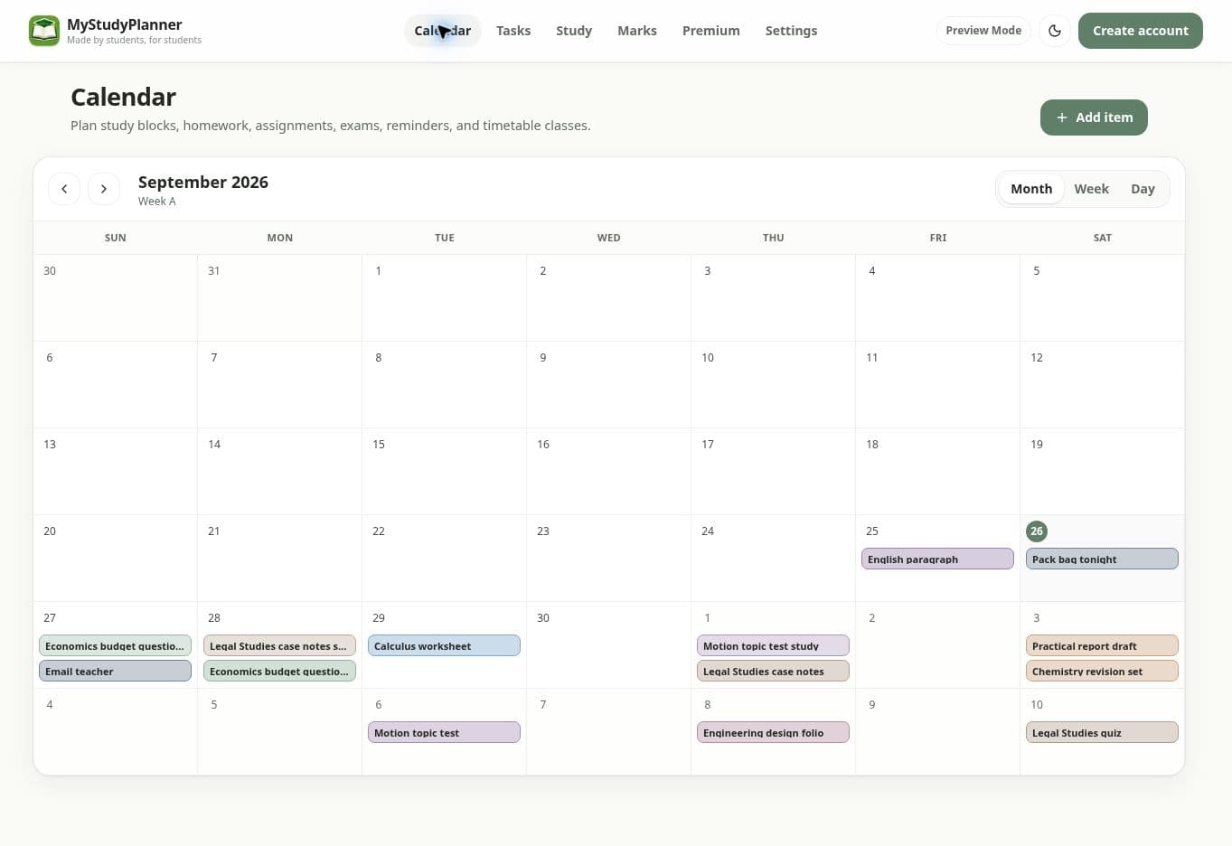 MyStudyPlanner demo showing a student calendar with homework, study sessions and assessment deadlines