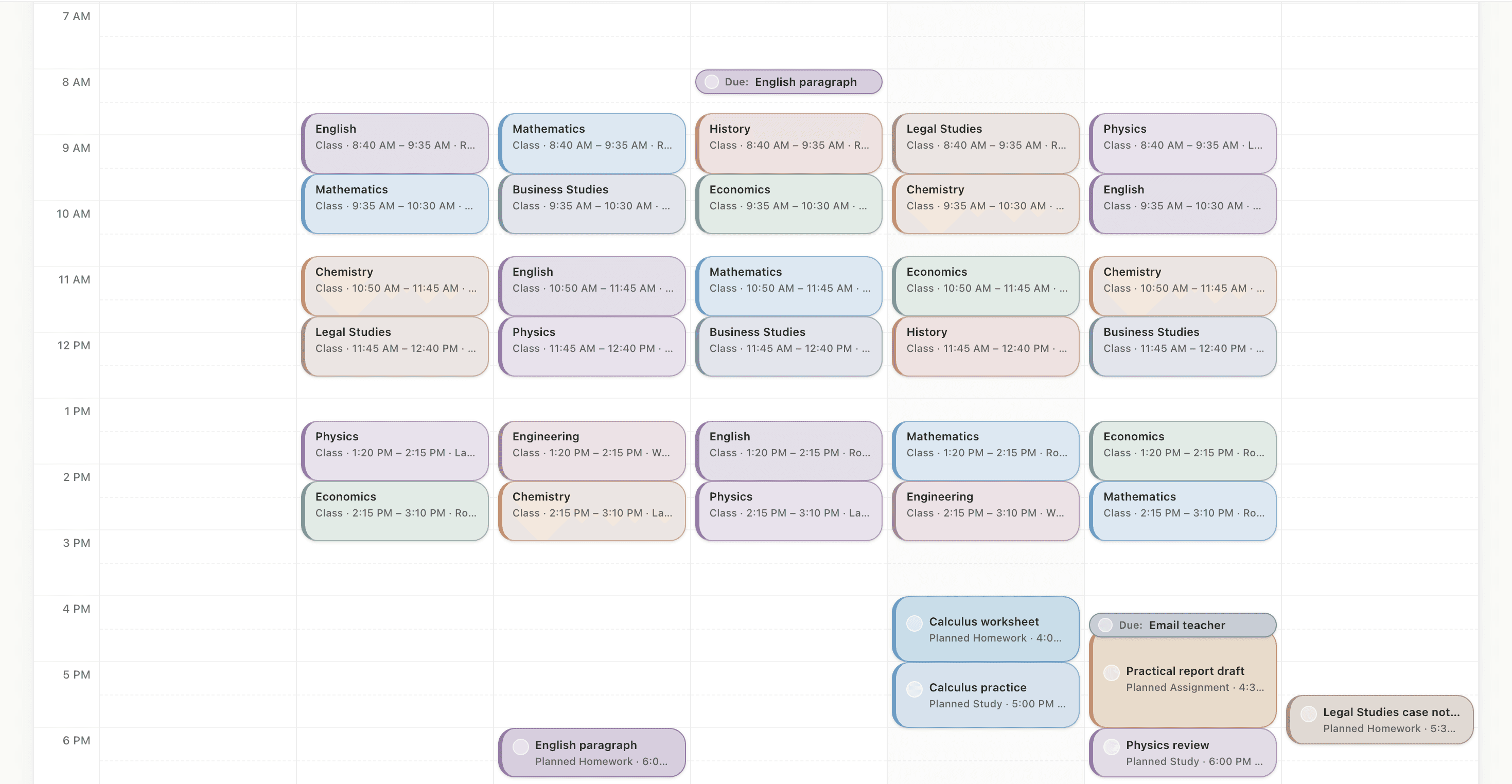 MyStudyPlanner calendar showing classes, assignments, exams, and study sessions in one time-grid view
